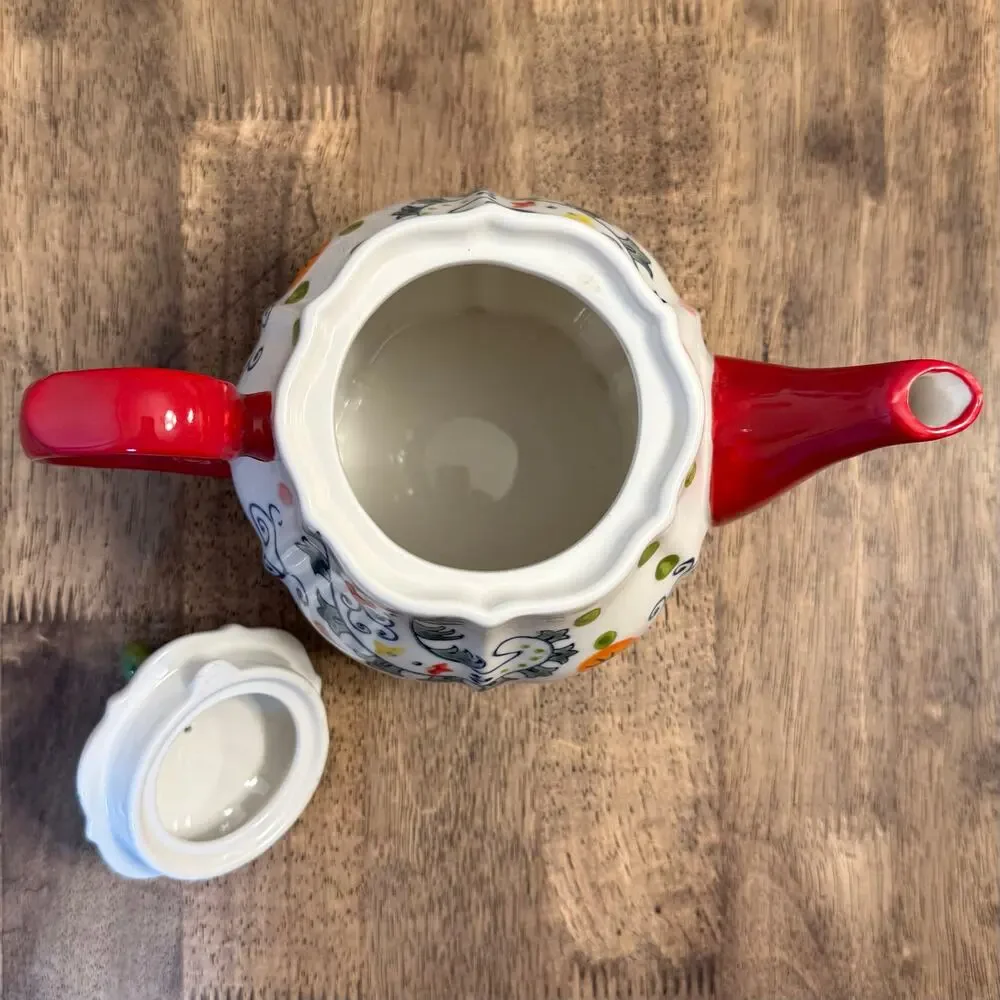Pier 1 Imports Teapot + Creamer Paisley Flowers Stoneware Handpainted Red White